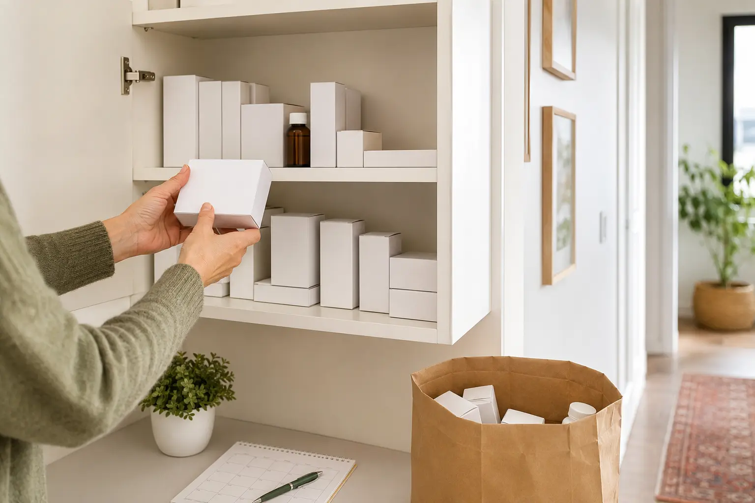 Armadietto domestico ordinato con confezioni neutre di medicinali e un sacchetto di carta per separare i prodotti da smaltire