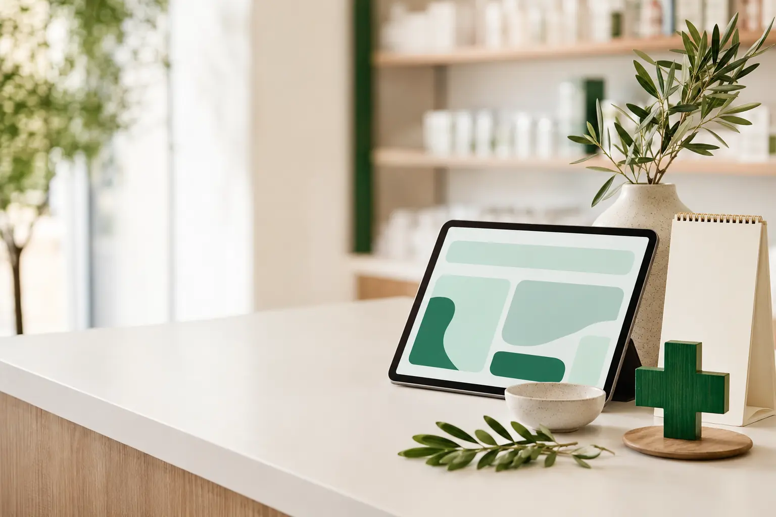 Banco di farmacia con tablet, calendario e croce verde in un ambiente luminoso