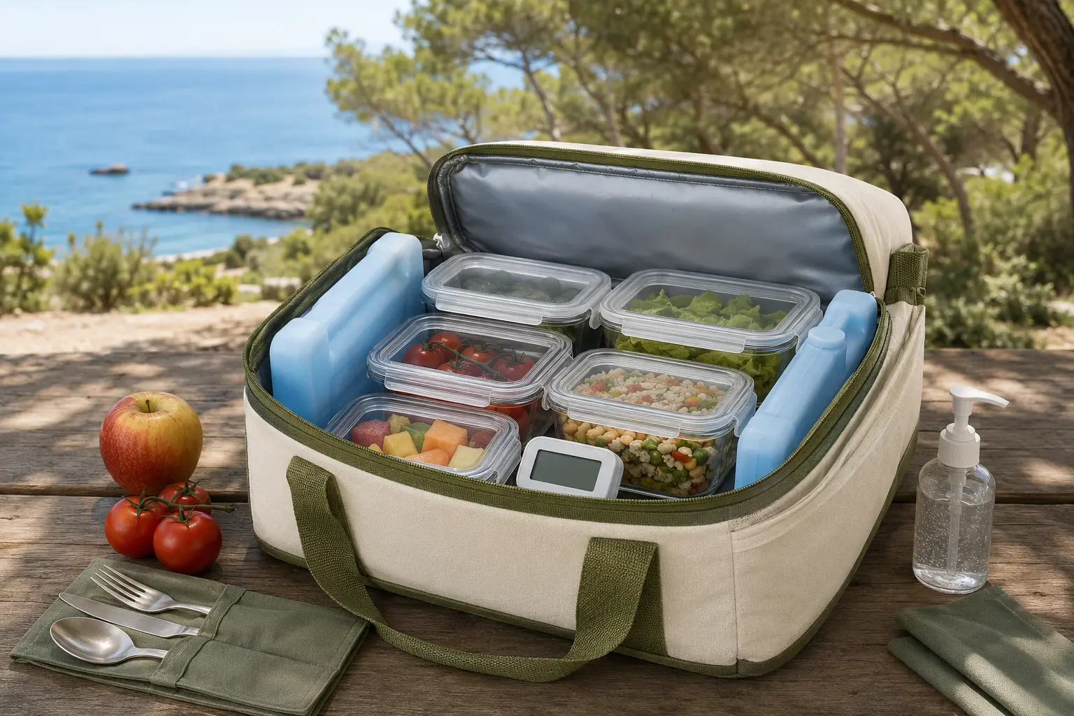 Borsa termica aperta con contenitori chiusi, mattonelle refrigeranti e termometro per un picnic estivo