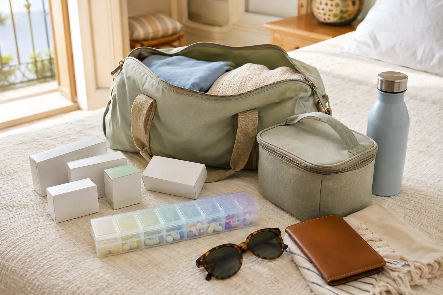 Borsa da viaggio aperta con organizer settimanale, custodia termica e confezioni neutre di medicinali accanto a borraccia, occhiali e portadocumenti