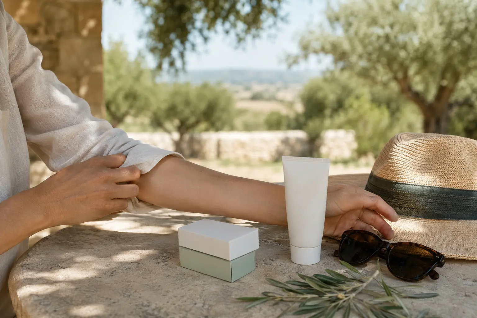 Cappello, occhiali da sole, crema solare neutra e confezioni di medicinali senza marchi accanto a una camicia leggera