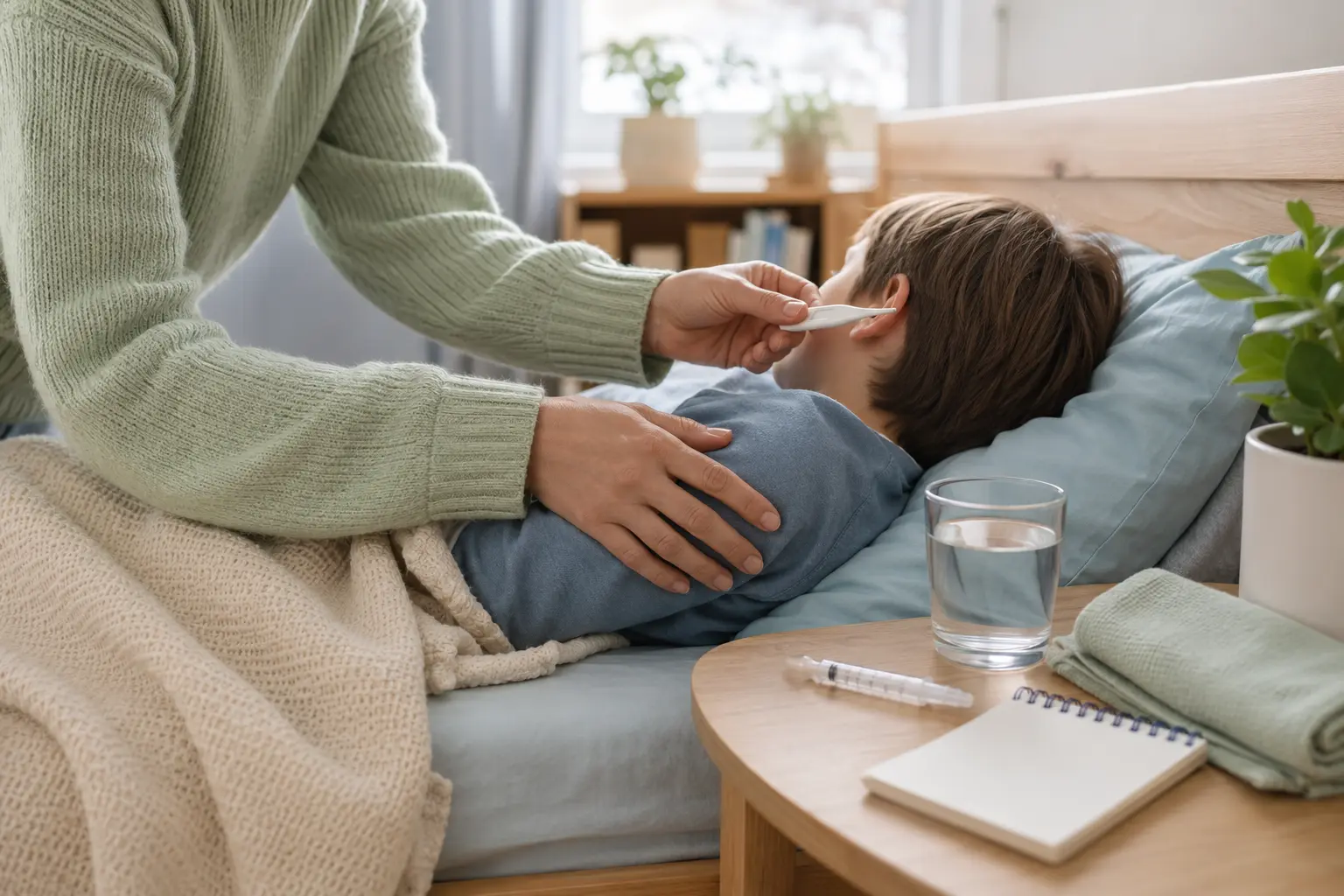 Termometro digitale, bicchiere d’acqua e misuratore orale per medicinali pediatrici