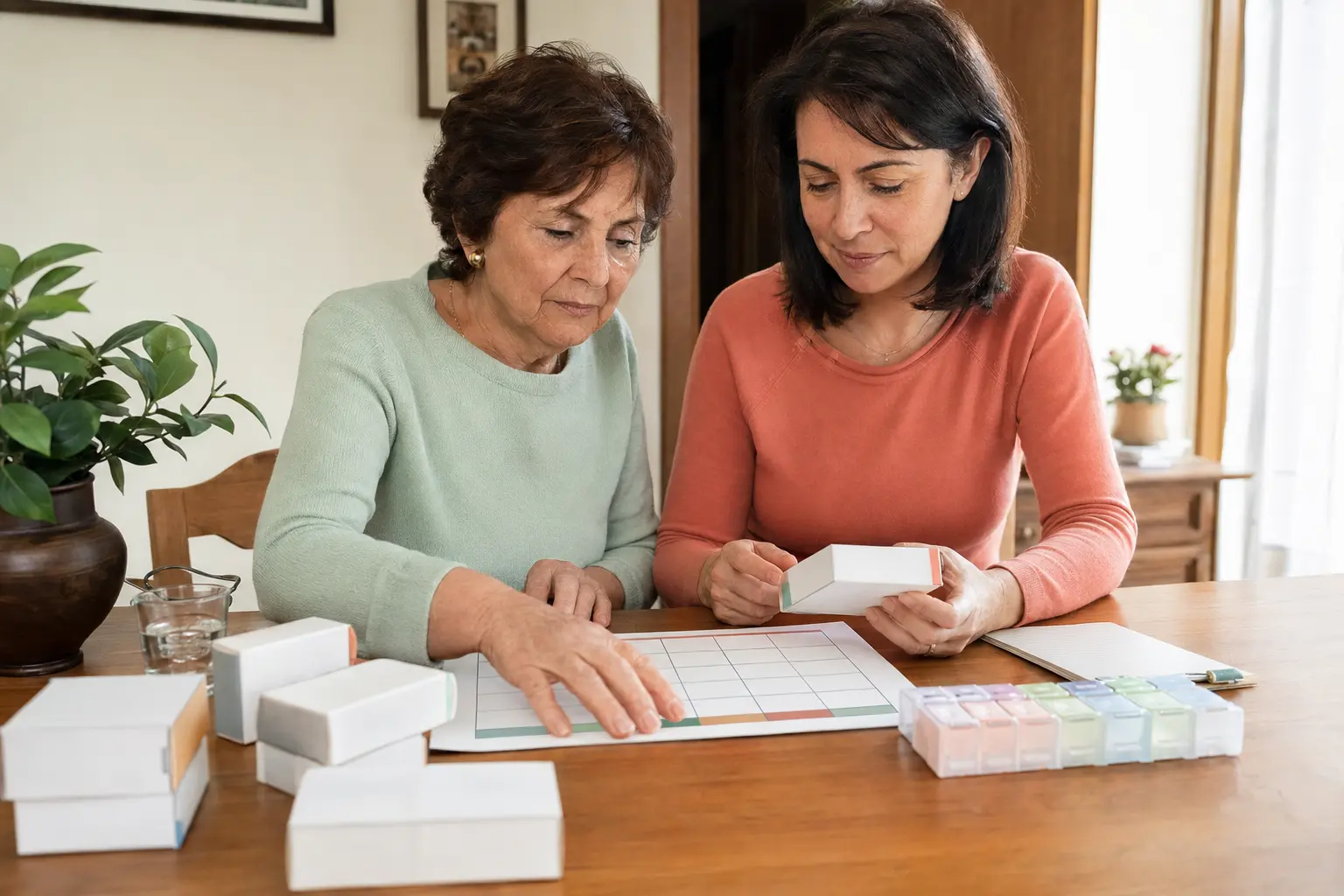 Caregiver e persona anziana mentre aggiornano insieme una lista dei medicinali accanto alle confezioni