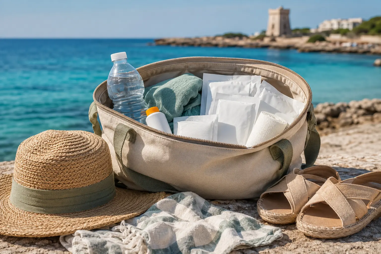 Borsa da spiaggia con acqua, garze, cappello e sandali su una costa rocciosa salentina