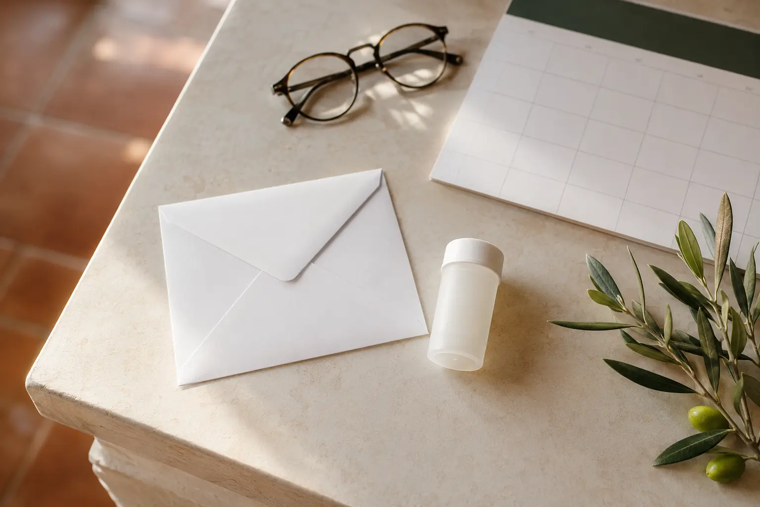 Kit per lo screening colorettale con busta informativa e calendario su un tavolo ordinato