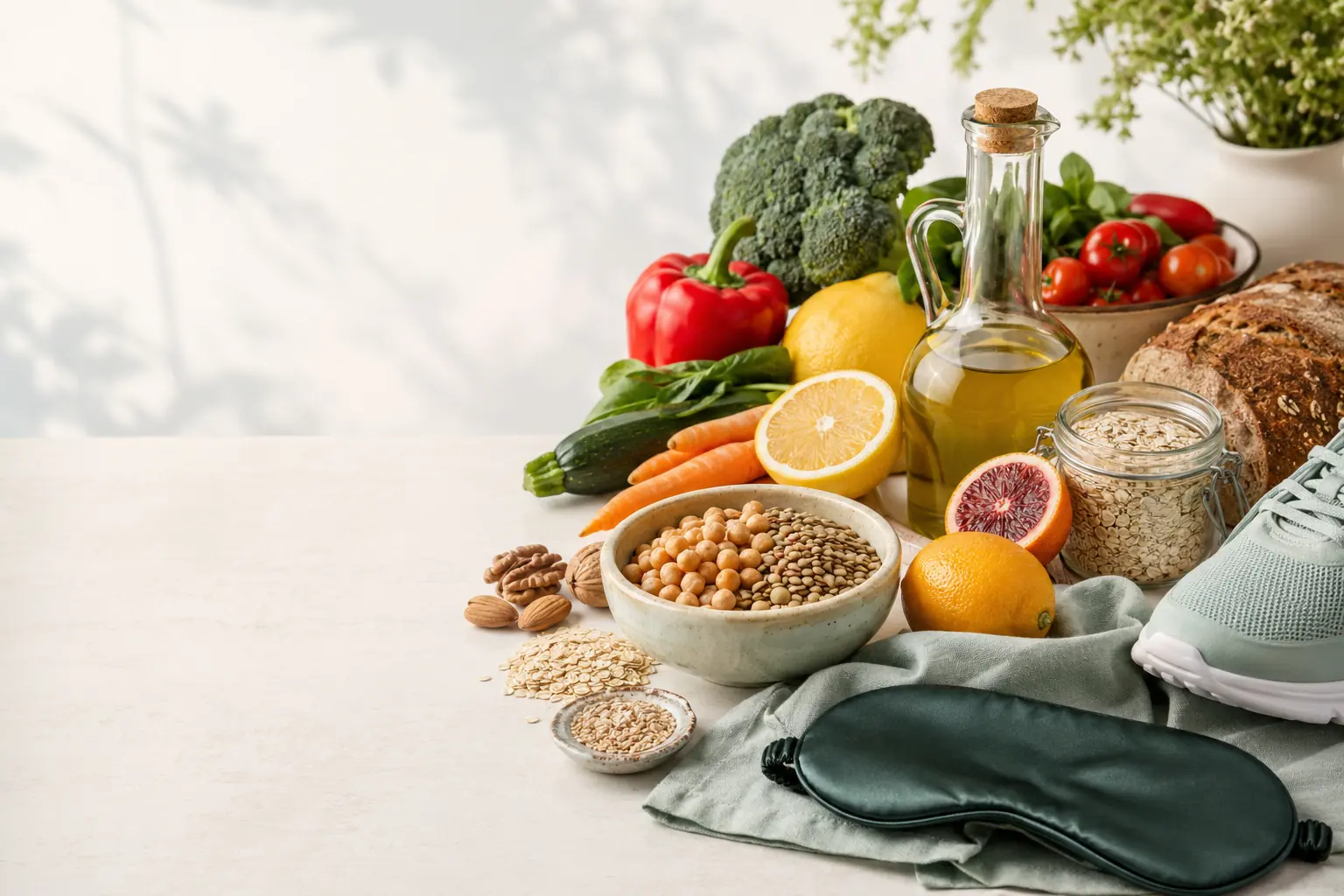 Alimenti mediterranei vari, mascherina da sonno e scarpa da passeggio