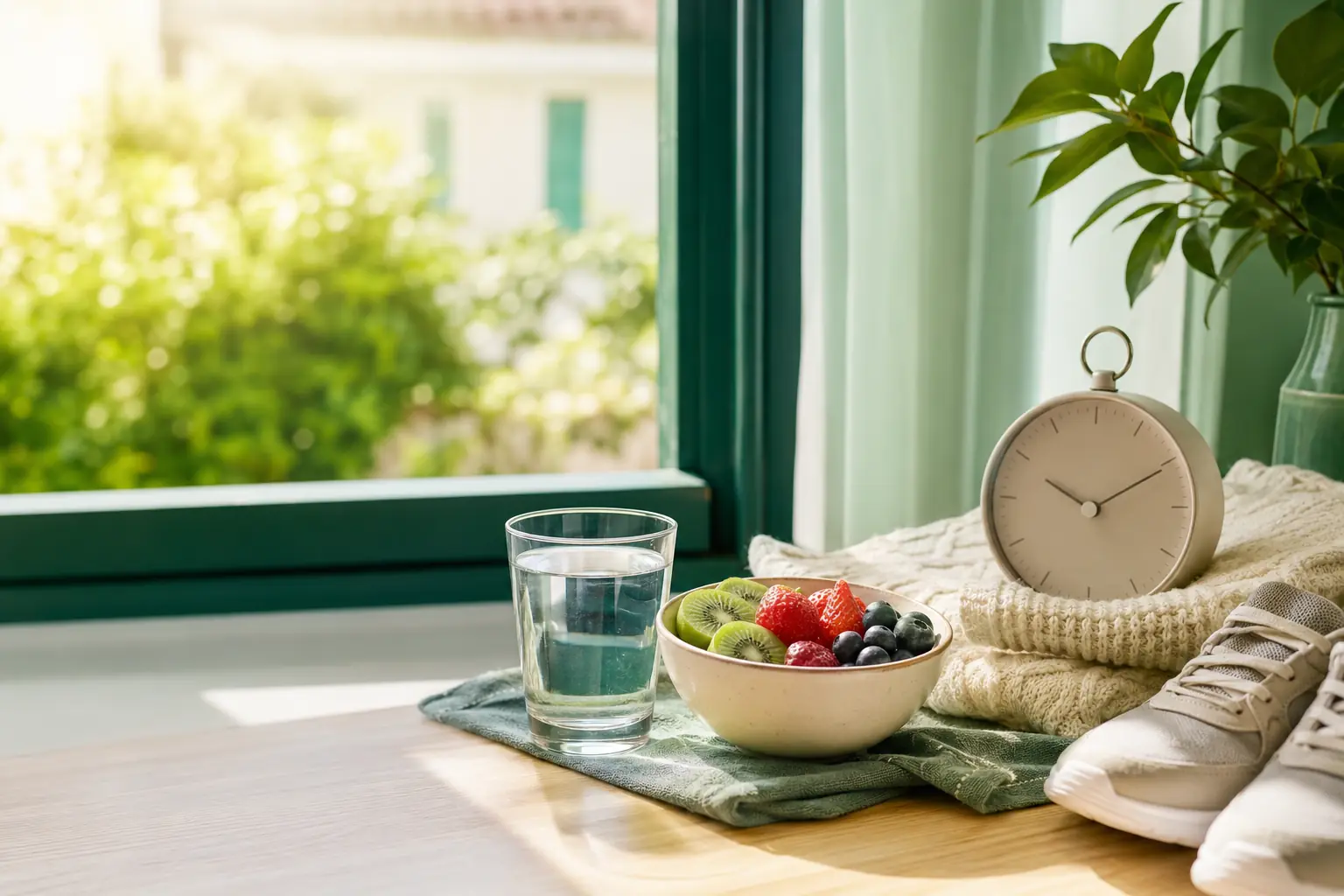 Acqua, frutta, scarpe da passeggio e sveglia accanto a una finestra aperta