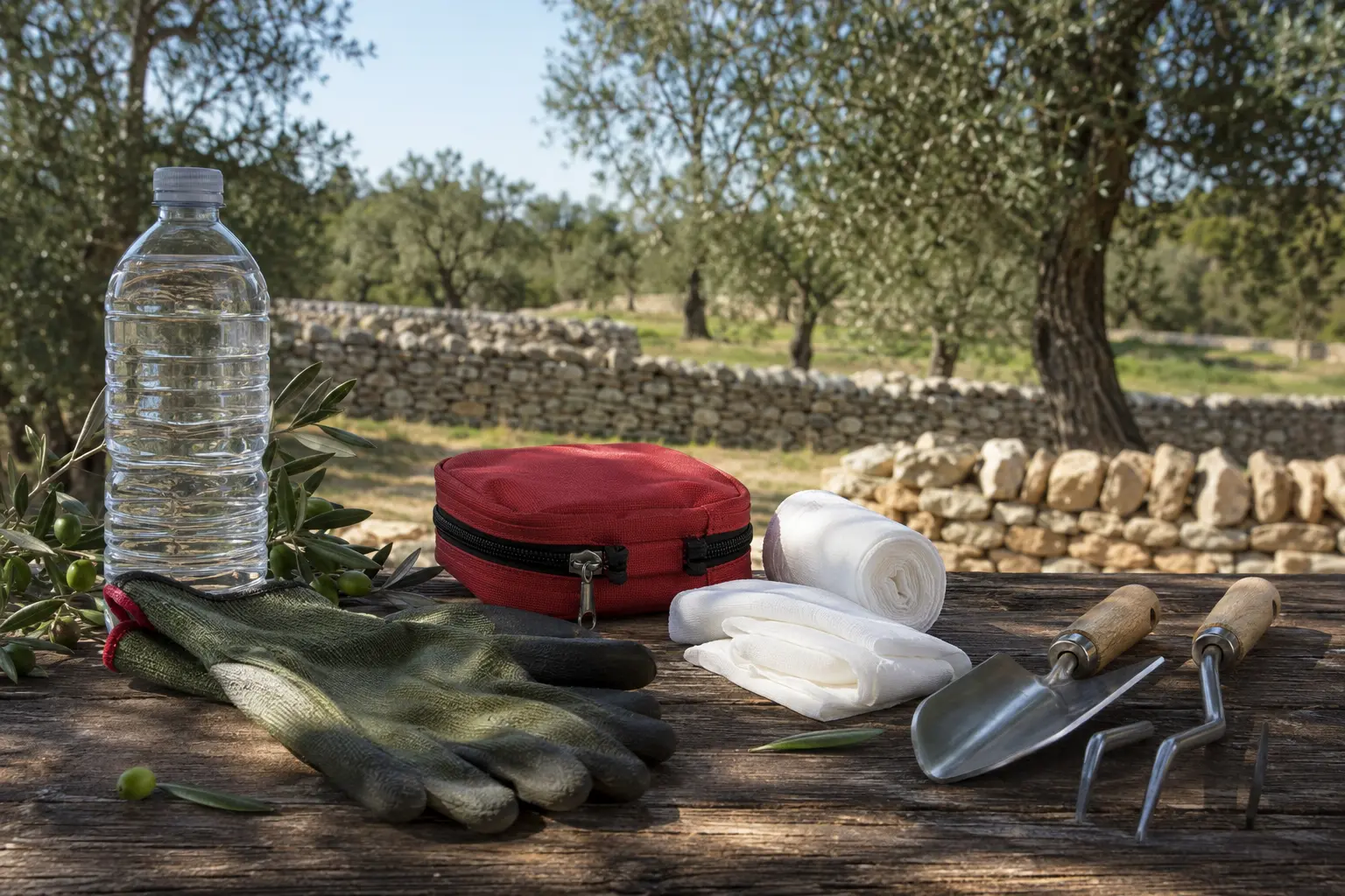 Guanti da giardinaggio, attrezzi da mano, garze e una borsa di primo soccorso accanto a un uliveto