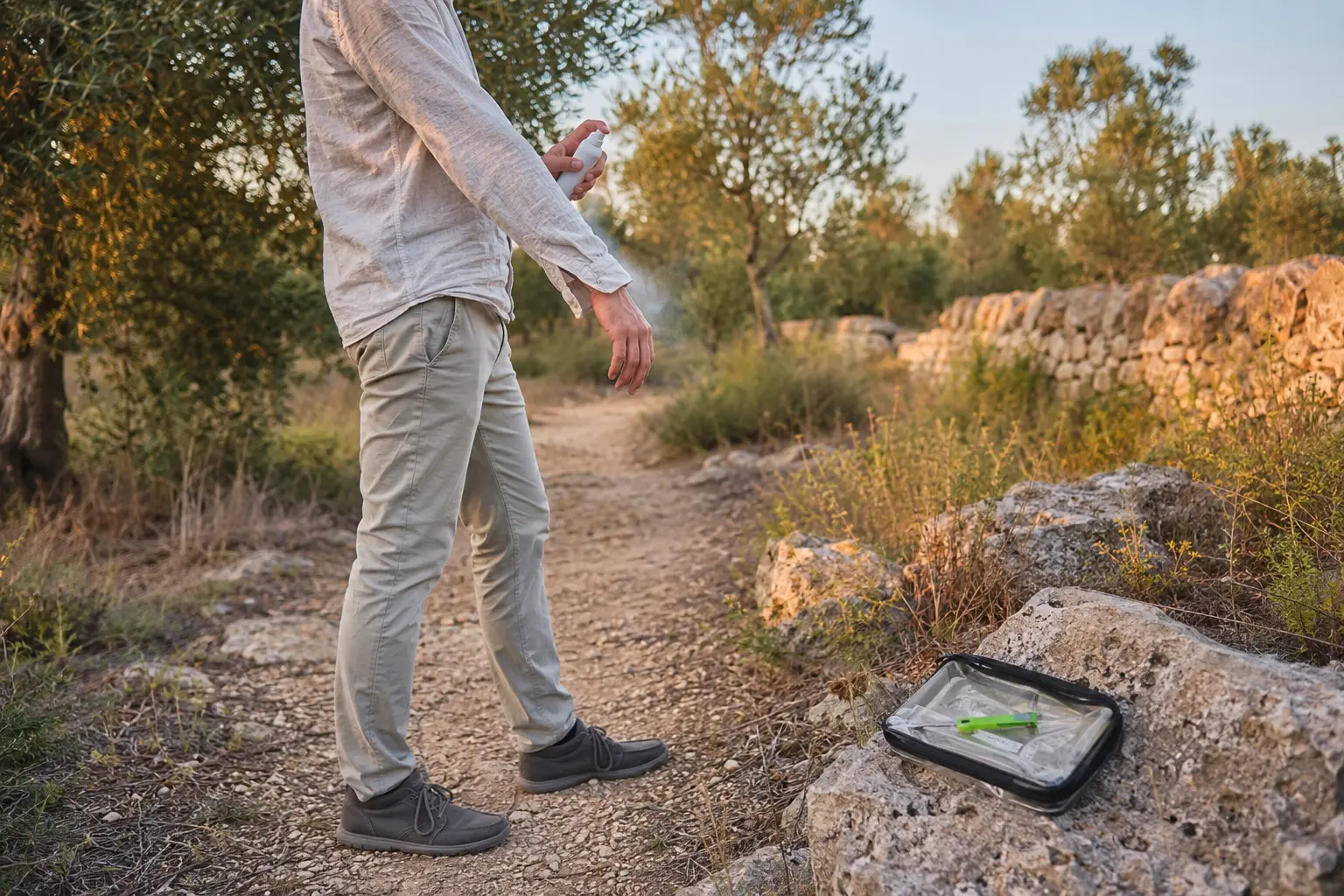 Persona con abiti lunghi applica un repellente durante una passeggiata tra gli ulivi, con un kit per rimuovere le zecche appoggiato su una roccia